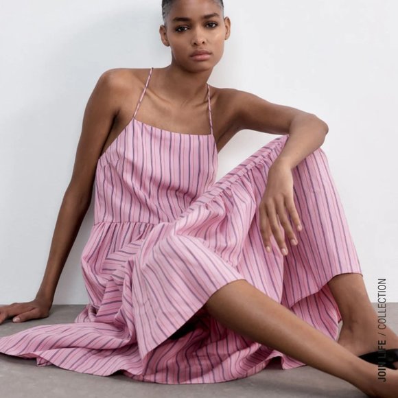 💗SALE💗 Zara Pink Striped Strappy Maxi Poplin Dress - Picture 13 of 17